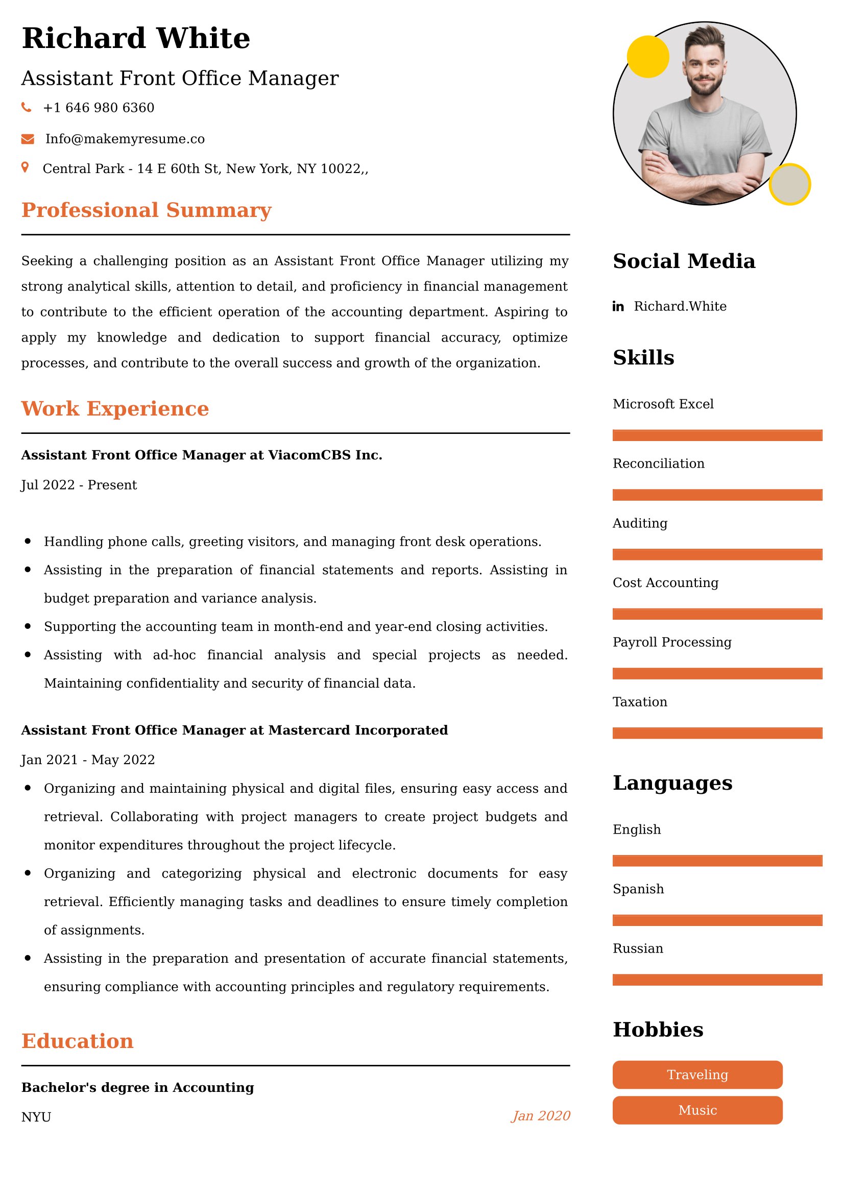 Assistant Front Office Manager CV Examples Malaysia