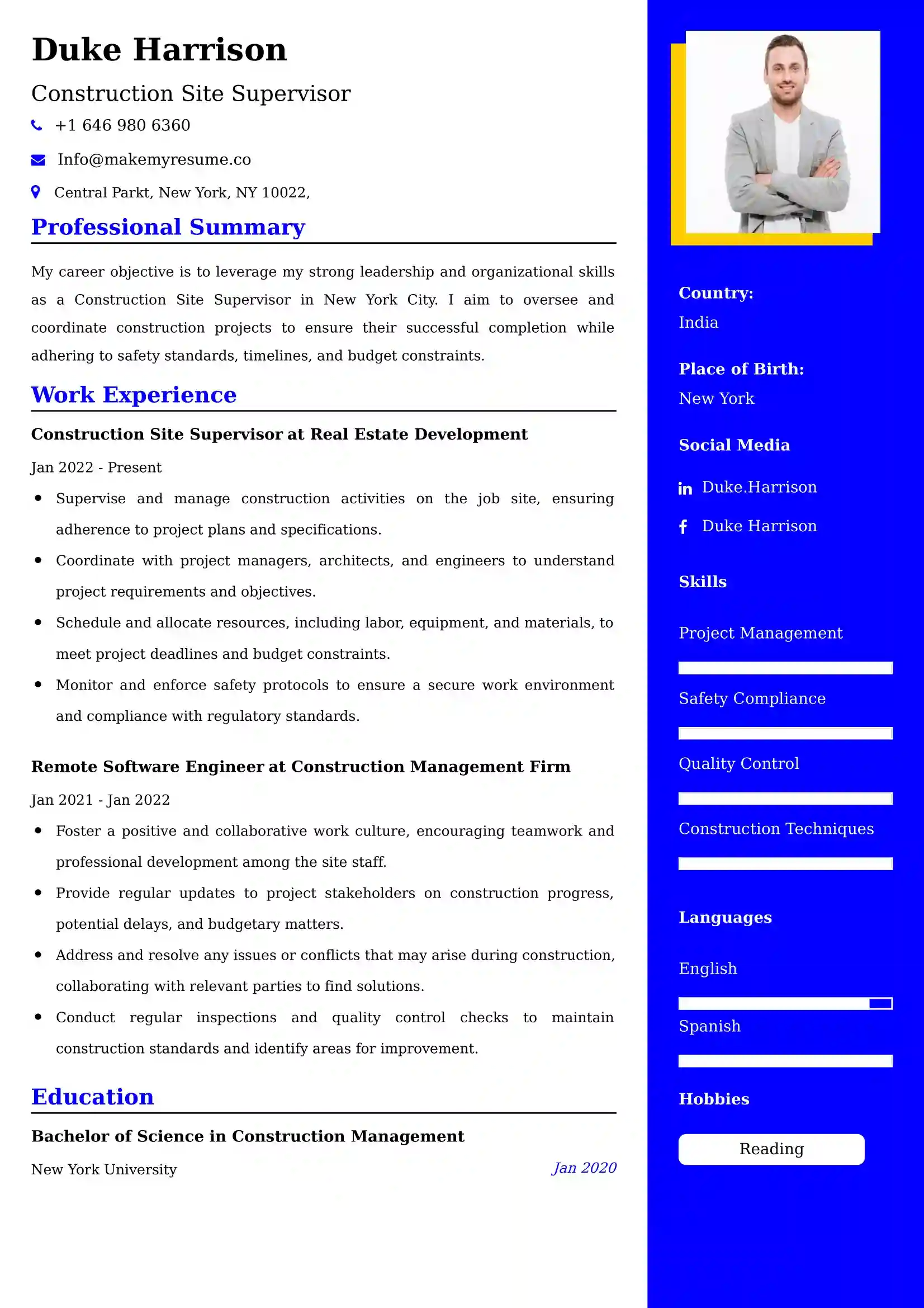 Construction Site Supervisor CV Examples Malaysia