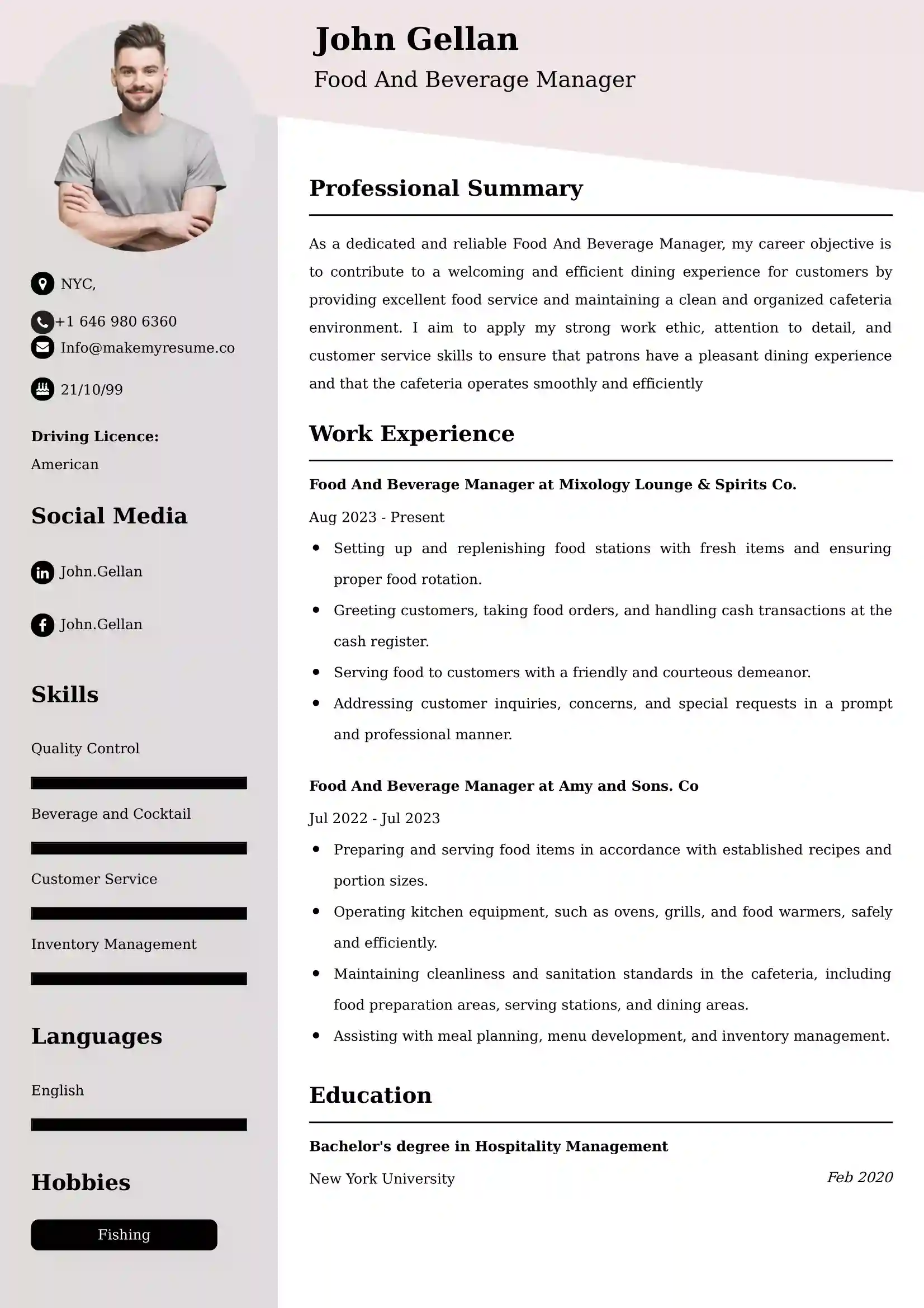 Food And Beverage Server CV Examples Malaysia