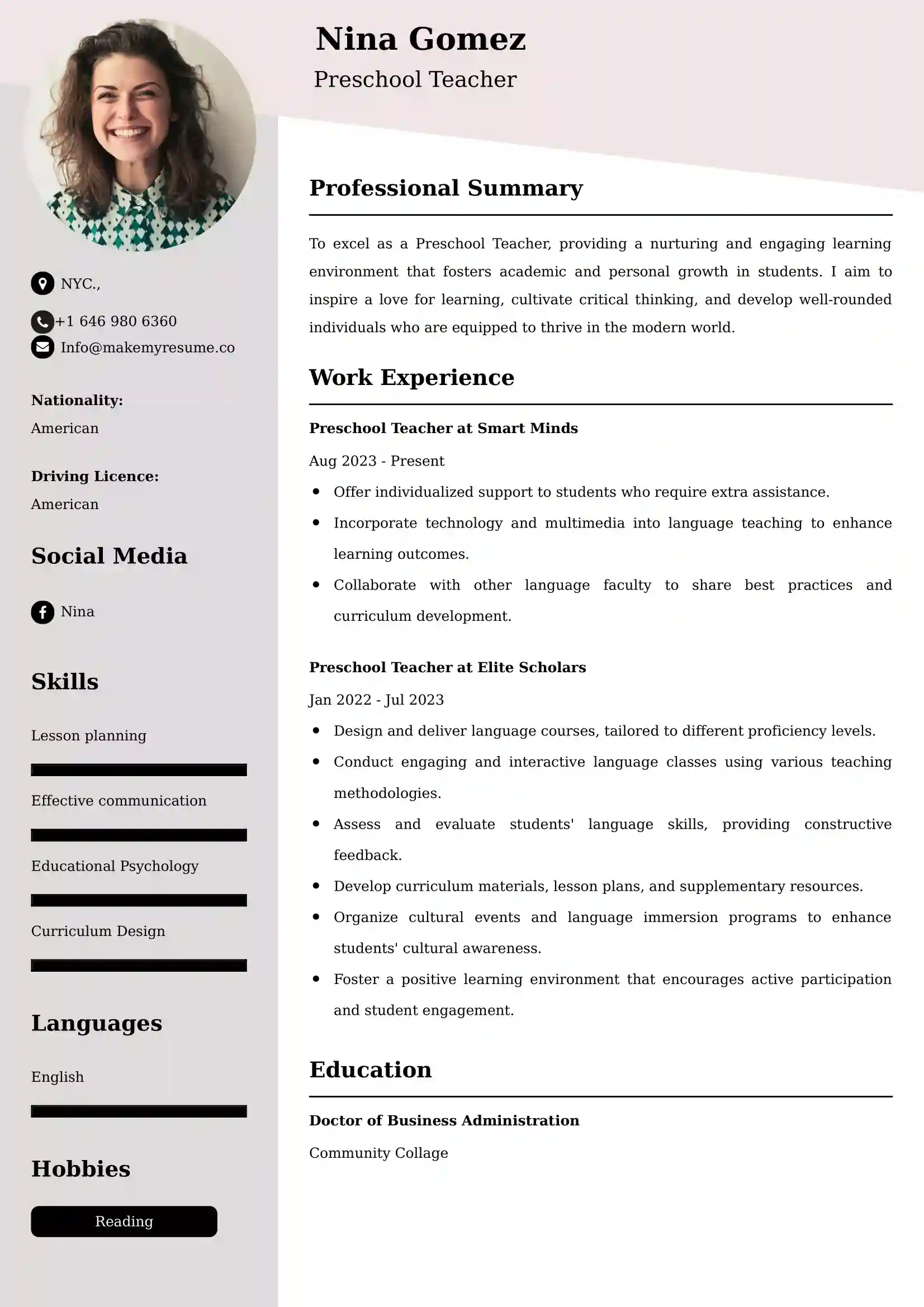 Preschool Teacher CV Examples Malaysia