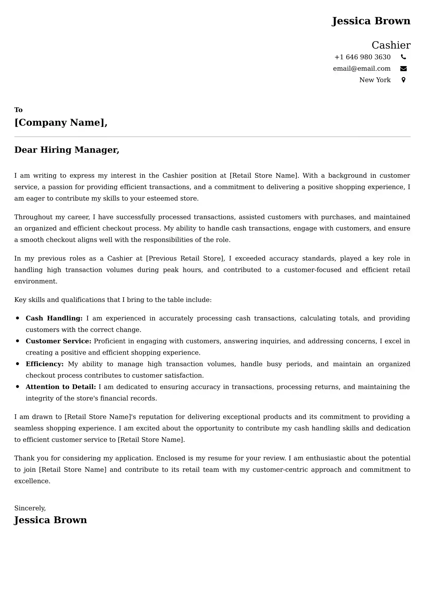 Cashier Cover Letter Sample